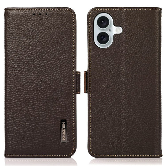 KHAZNEH for iPhone 17 Phone Case RFID Blocking Wallet Litchi Texture Genuine Cow Leather Cover - Brown