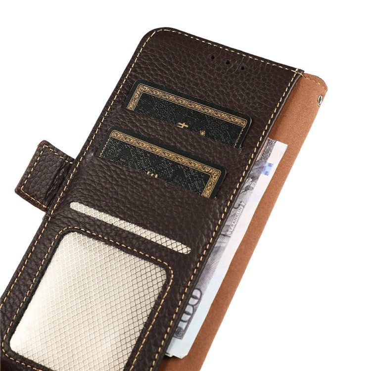KHAZNEH for iPhone 17 Phone Case RFID Blocking Wallet Litchi Texture Genuine Cow Leather Cover - Brown