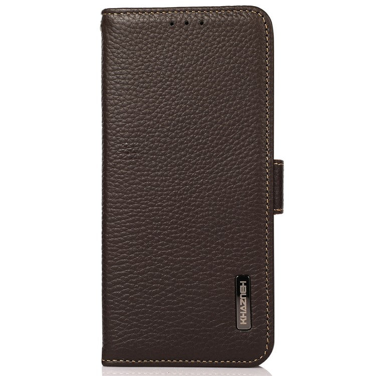 KHAZNEH for iPhone 17 Phone Case RFID Blocking Wallet Litchi Texture Genuine Cow Leather Cover - Brown