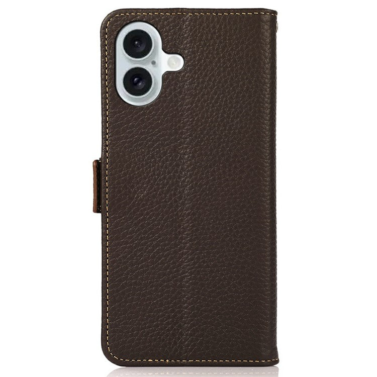KHAZNEH for iPhone 17 Phone Case RFID Blocking Wallet Litchi Texture Genuine Cow Leather Cover - Brown