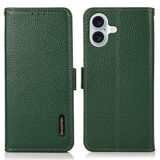 KHAZNEH for iPhone 17 Phone Case RFID Blocking Wallet Litchi Texture Genuine Cow Leather Cover - Green