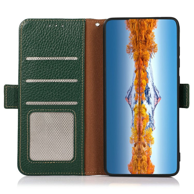 KHAZNEH for iPhone 17 Phone Case RFID Blocking Wallet Litchi Texture Genuine Cow Leather Cover - Green