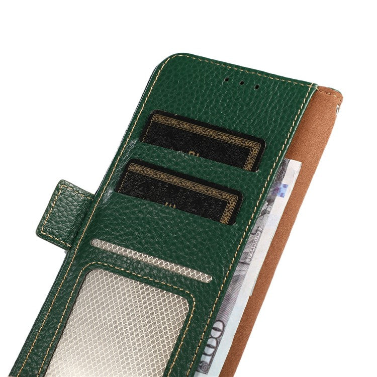 KHAZNEH for iPhone 17 Phone Case RFID Blocking Wallet Litchi Texture Genuine Cow Leather Cover - Green