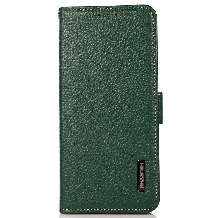 KHAZNEH for iPhone 17 Phone Case RFID Blocking Wallet Litchi Texture Genuine Cow Leather Cover - Green