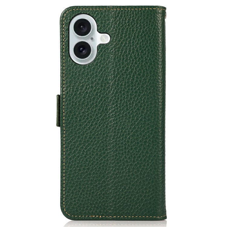 KHAZNEH for iPhone 17 Phone Case RFID Blocking Wallet Litchi Texture Genuine Cow Leather Cover - Green