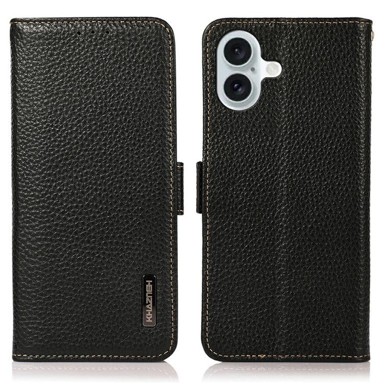 KHAZNEH for iPhone 17 Phone Case RFID Blocking Wallet Litchi Texture Genuine Cow Leather Cover - Black