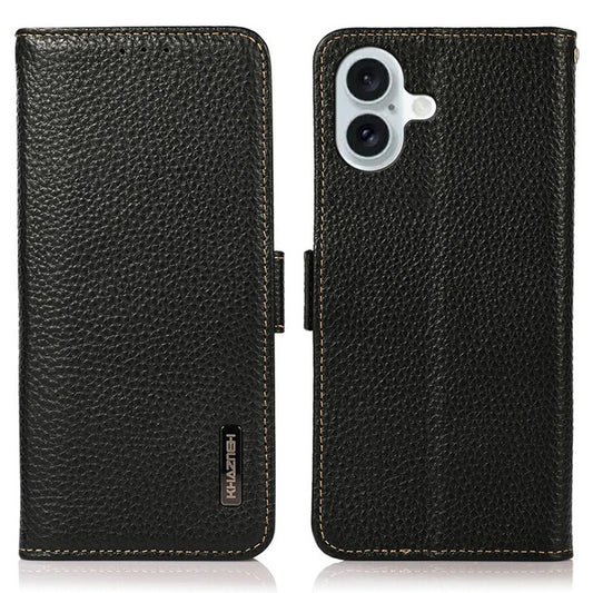 KHAZNEH for iPhone 17 Phone Case RFID Blocking Wallet Litchi Texture Genuine Cow Leather Cover - Black