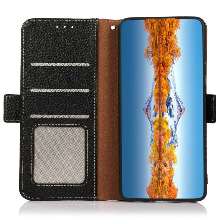 KHAZNEH for iPhone 17 Phone Case RFID Blocking Wallet Litchi Texture Genuine Cow Leather Cover - Black