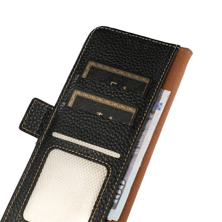 KHAZNEH for iPhone 17 Phone Case RFID Blocking Wallet Litchi Texture Genuine Cow Leather Cover - Black