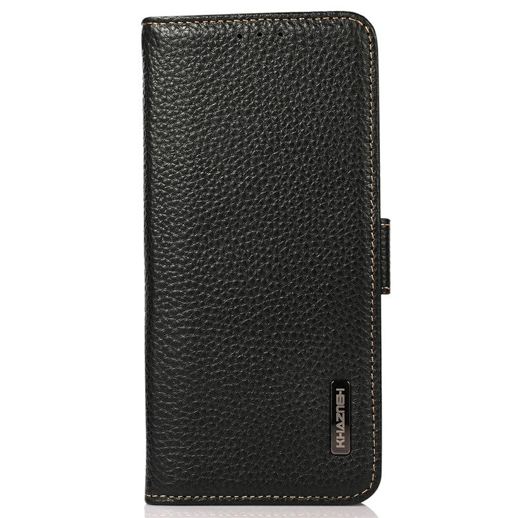 KHAZNEH for iPhone 17 Phone Case RFID Blocking Wallet Litchi Texture Genuine Cow Leather Cover - Black