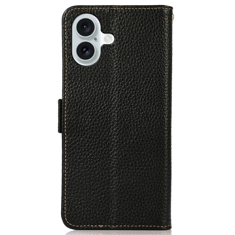 KHAZNEH for iPhone 17 Phone Case RFID Blocking Wallet Litchi Texture Genuine Cow Leather Cover - Black