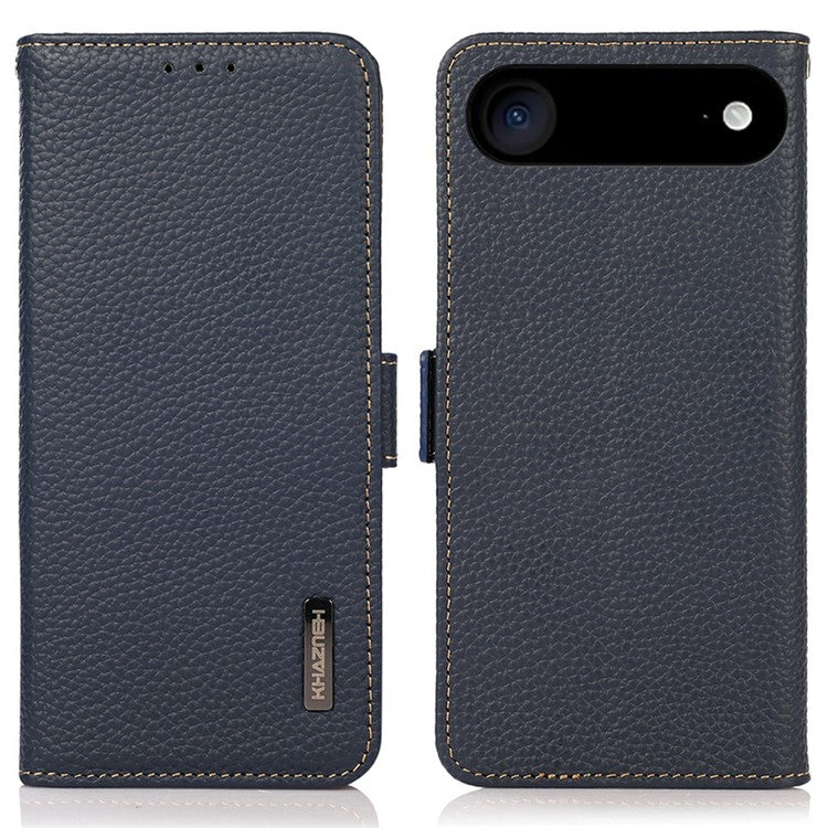 KHAZNEH for iPhone 17 Air Phone Case RFID Blocking Wallet Litchi Texture Genuine Cow Leather Cover - Blue
