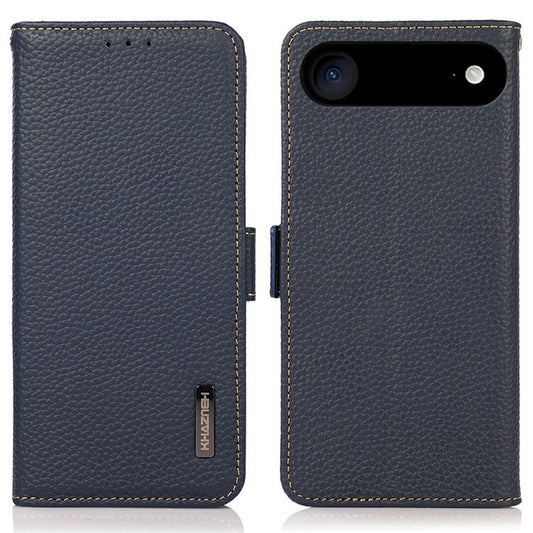 KHAZNEH for iPhone 17 Air Phone Case RFID Blocking Wallet Litchi Texture Genuine Cow Leather Cover - Blue