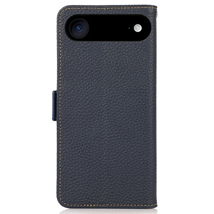KHAZNEH for iPhone 17 Air Phone Case RFID Blocking Wallet Litchi Texture Genuine Cow Leather Cover - Blue