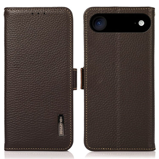 KHAZNEH for iPhone 17 Air Phone Case RFID Blocking Wallet Litchi Texture Genuine Cow Leather Cover - Brown