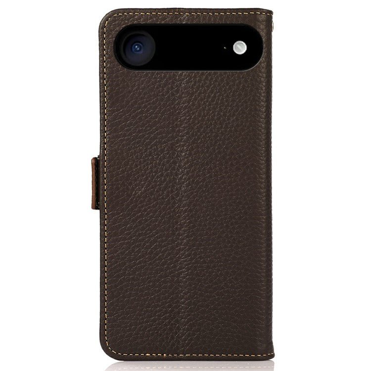 KHAZNEH for iPhone 17 Air Phone Case RFID Blocking Wallet Litchi Texture Genuine Cow Leather Cover - Brown