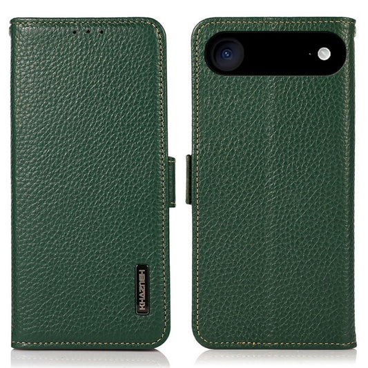 KHAZNEH for iPhone 17 Air Phone Case RFID Blocking Wallet Litchi Texture Genuine Cow Leather Cover - Green