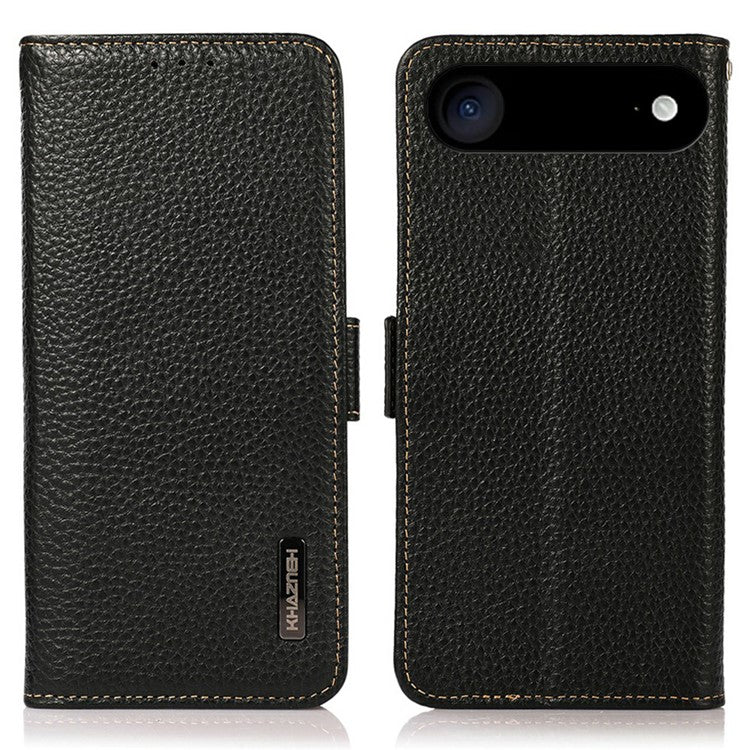 KHAZNEH for iPhone 17 Air Phone Case RFID Blocking Wallet Litchi Texture Genuine Cow Leather Cover - Black