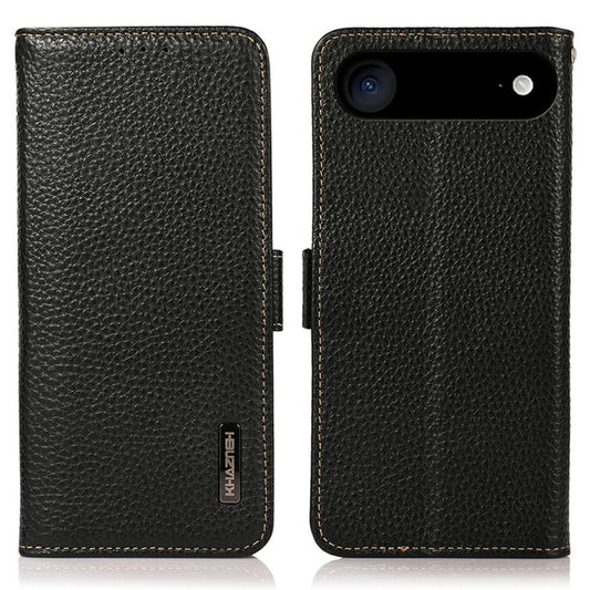 KHAZNEH for iPhone 17 Air Phone Case RFID Blocking Wallet Litchi Texture Genuine Cow Leather Cover - Black
