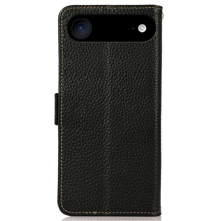 KHAZNEH for iPhone 17 Air Phone Case RFID Blocking Wallet Litchi Texture Genuine Cow Leather Cover - Black