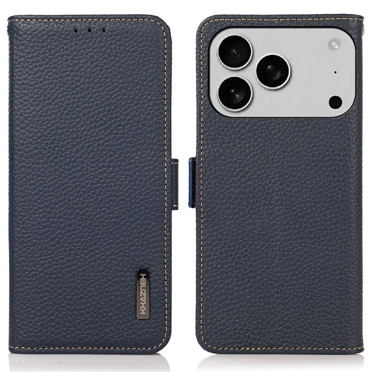KHAZNEH for iPhone 17 Pro Phone Case RFID Blocking Wallet Litchi Texture Genuine Cow Leather Cover - Blue