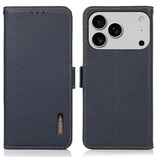 KHAZNEH for iPhone 17 Pro Phone Case RFID Blocking Wallet Litchi Texture Genuine Cow Leather Cover - Blue
