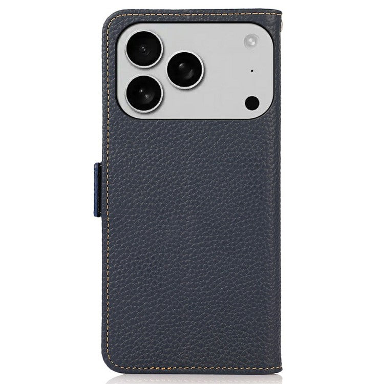 KHAZNEH for iPhone 17 Pro Phone Case RFID Blocking Wallet Litchi Texture Genuine Cow Leather Cover - Blue