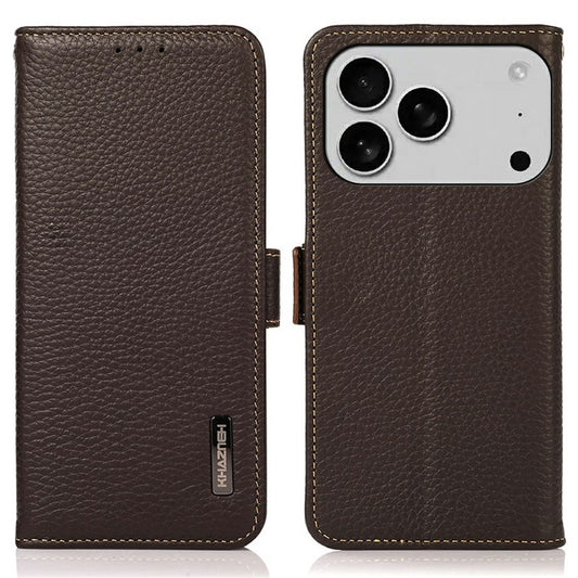 KHAZNEH for iPhone 17 Pro Phone Case RFID Blocking Wallet Litchi Texture Genuine Cow Leather Cover - Brown