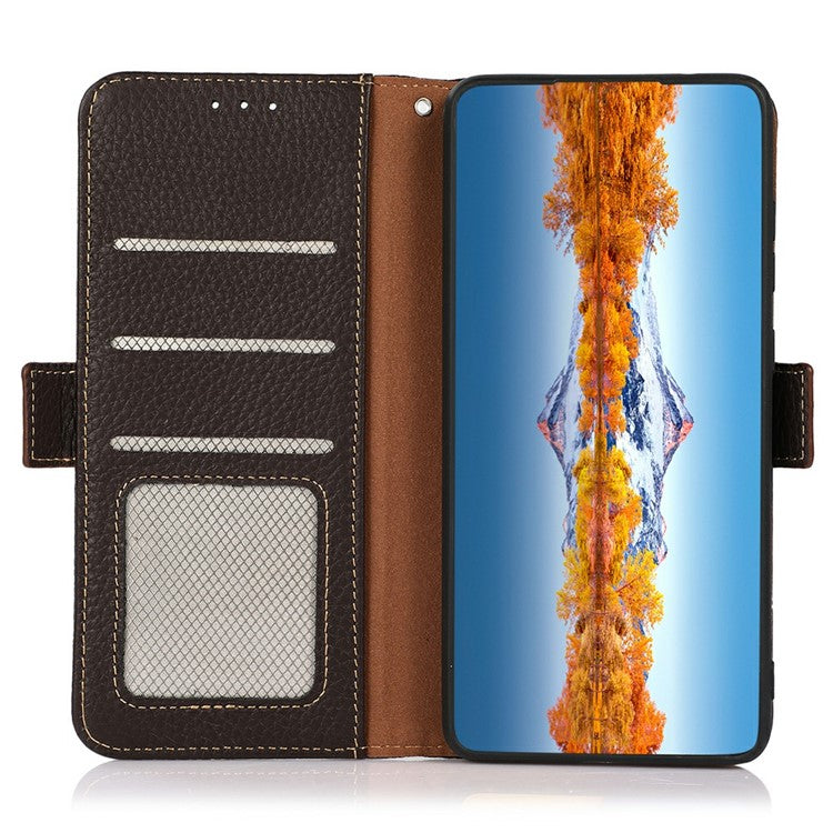 KHAZNEH for iPhone 17 Pro Phone Case RFID Blocking Wallet Litchi Texture Genuine Cow Leather Cover - Brown