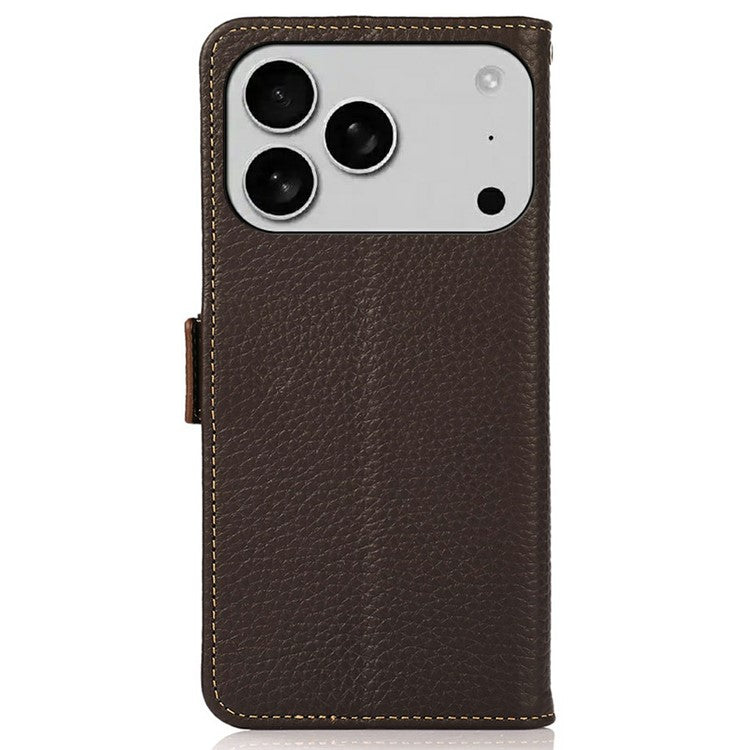 KHAZNEH for iPhone 17 Pro Phone Case RFID Blocking Wallet Litchi Texture Genuine Cow Leather Cover - Brown