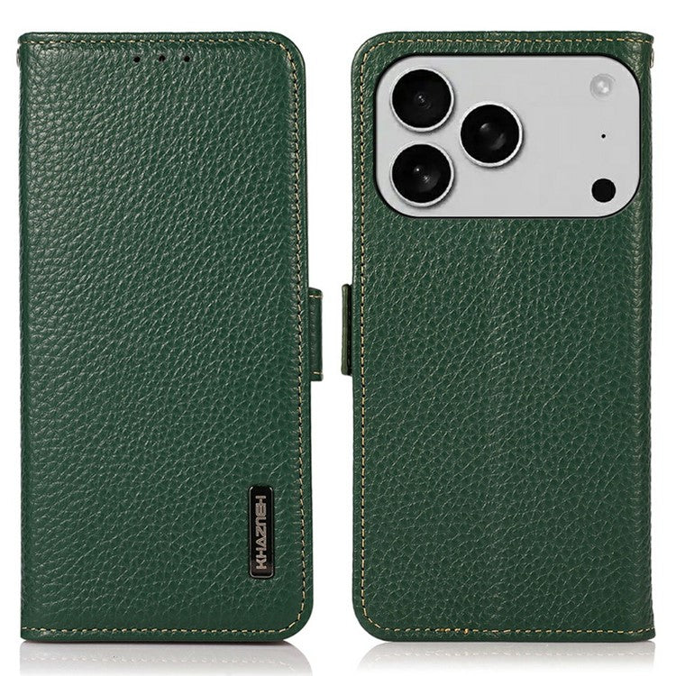 KHAZNEH for iPhone 17 Pro Phone Case RFID Blocking Wallet Litchi Texture Genuine Cow Leather Cover - Green