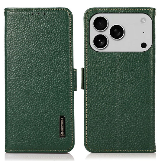 KHAZNEH for iPhone 17 Pro Phone Case RFID Blocking Wallet Litchi Texture Genuine Cow Leather Cover - Green