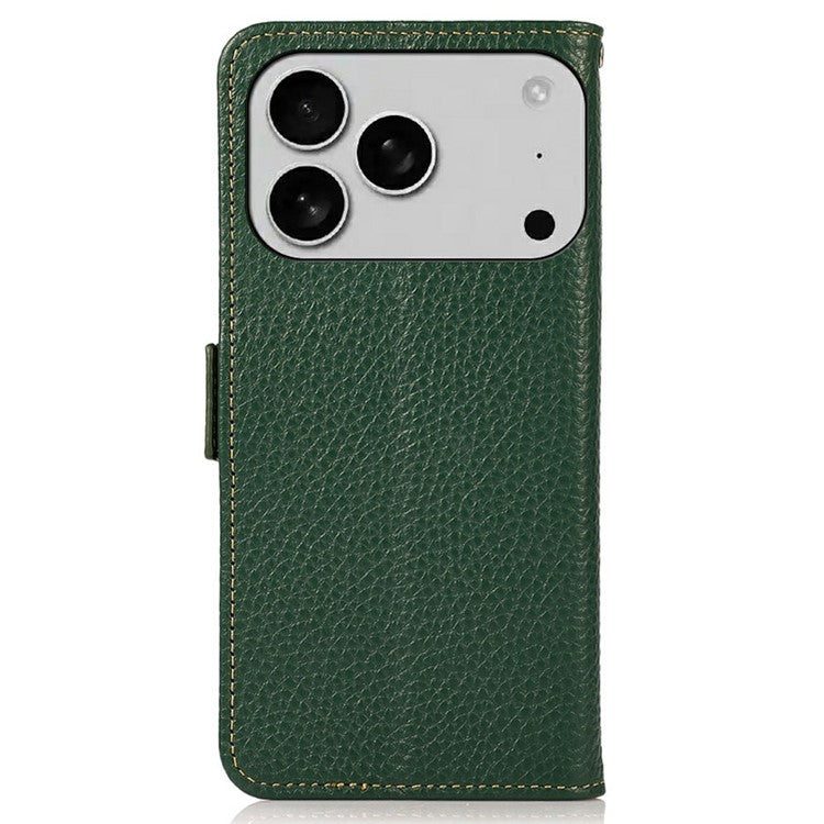 KHAZNEH for iPhone 17 Pro Phone Case RFID Blocking Wallet Litchi Texture Genuine Cow Leather Cover - Green