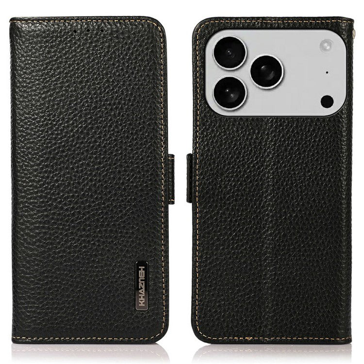 KHAZNEH for iPhone 17 Pro Phone Case RFID Blocking Wallet Litchi Texture Genuine Cow Leather Cover - Black