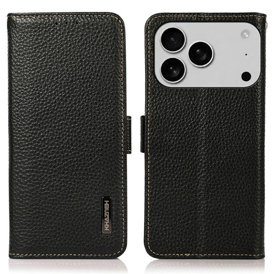 KHAZNEH for iPhone 17 Pro Phone Case RFID Blocking Wallet Litchi Texture Genuine Cow Leather Cover - Black