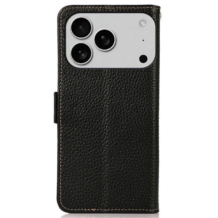 KHAZNEH for iPhone 17 Pro Phone Case RFID Blocking Wallet Litchi Texture Genuine Cow Leather Cover - Black
