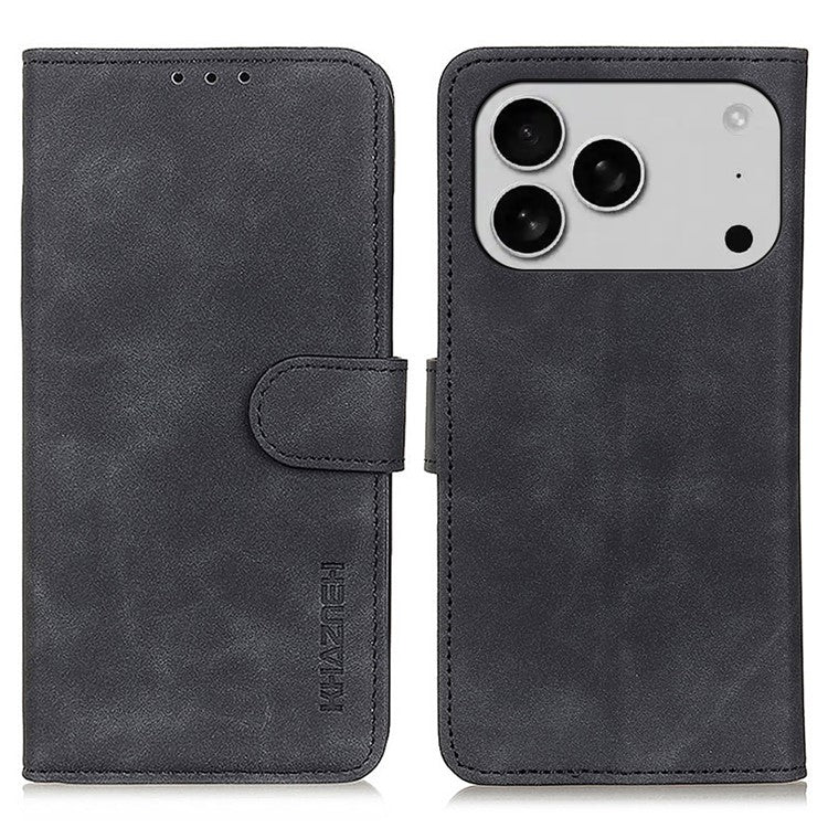 KHAZNEH For iPhone 17 Pro Case PU Leather Retro Texture Phone Cover - Black