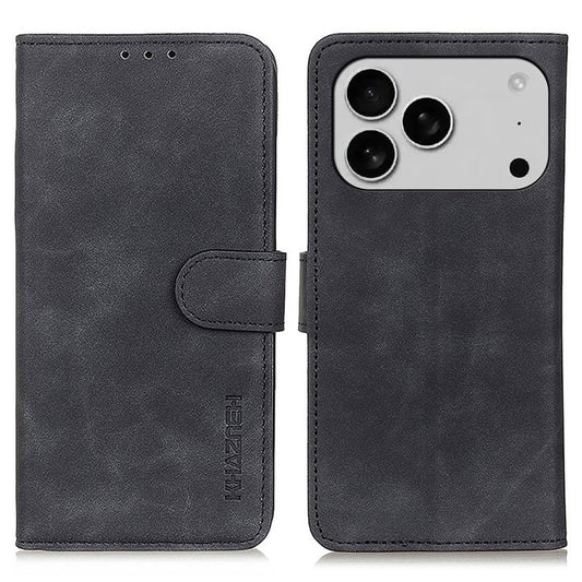 KHAZNEH For iPhone 17 Pro Case PU Leather Retro Texture Phone Cover - Black