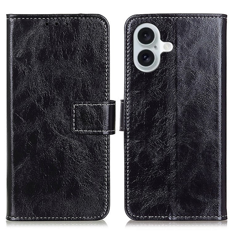 For iPhone 17 Case Wallet Leather Phone Cover Crazy Horse Texture - Black