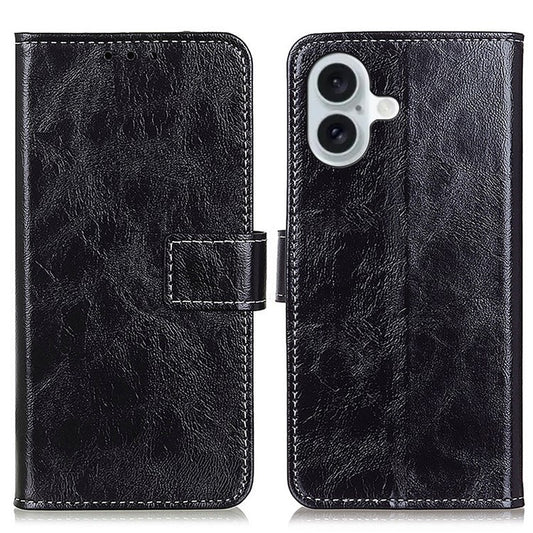 For iPhone 17 Case Wallet Leather Phone Cover Crazy Horse Texture - Black