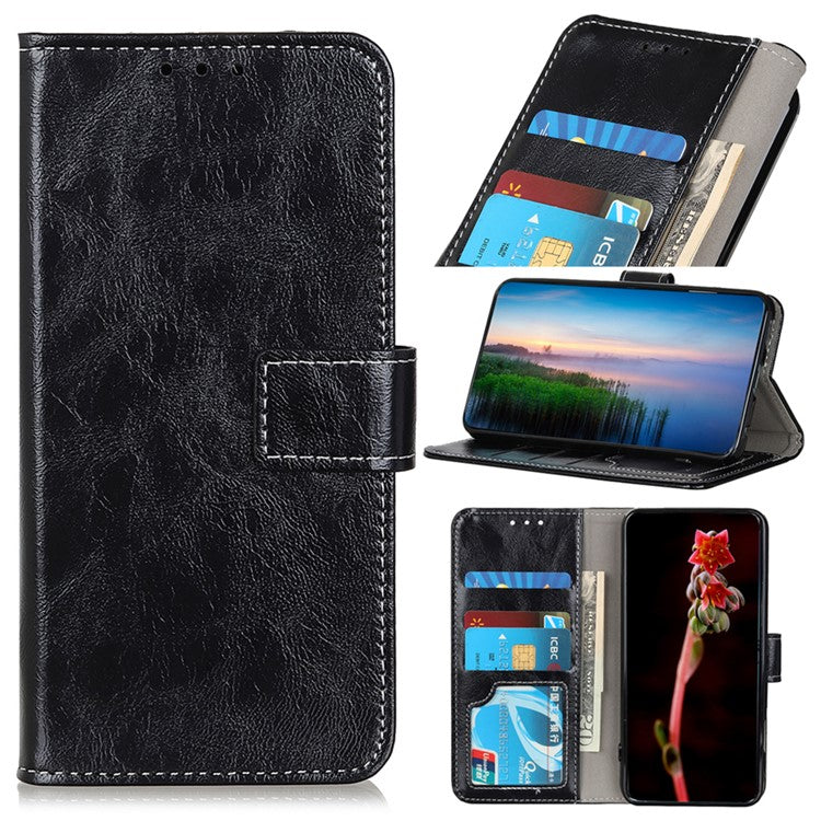 For iPhone 17 Case Wallet Leather Phone Cover Crazy Horse Texture - Black