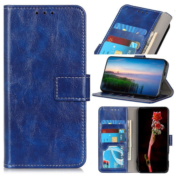 For iPhone 17 Case Wallet Leather Phone Cover Crazy Horse Texture - Blue