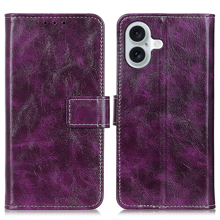For iPhone 17 Case Wallet Leather Phone Cover Crazy Horse Texture - Purple