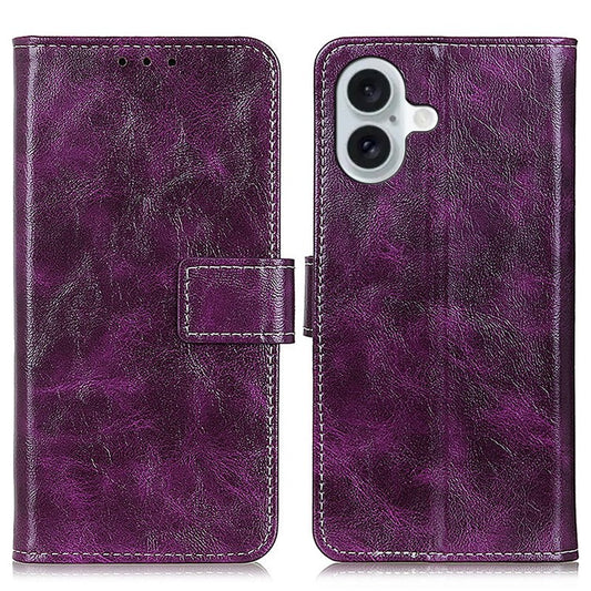 For iPhone 17 Case Wallet Leather Phone Cover Crazy Horse Texture - Purple