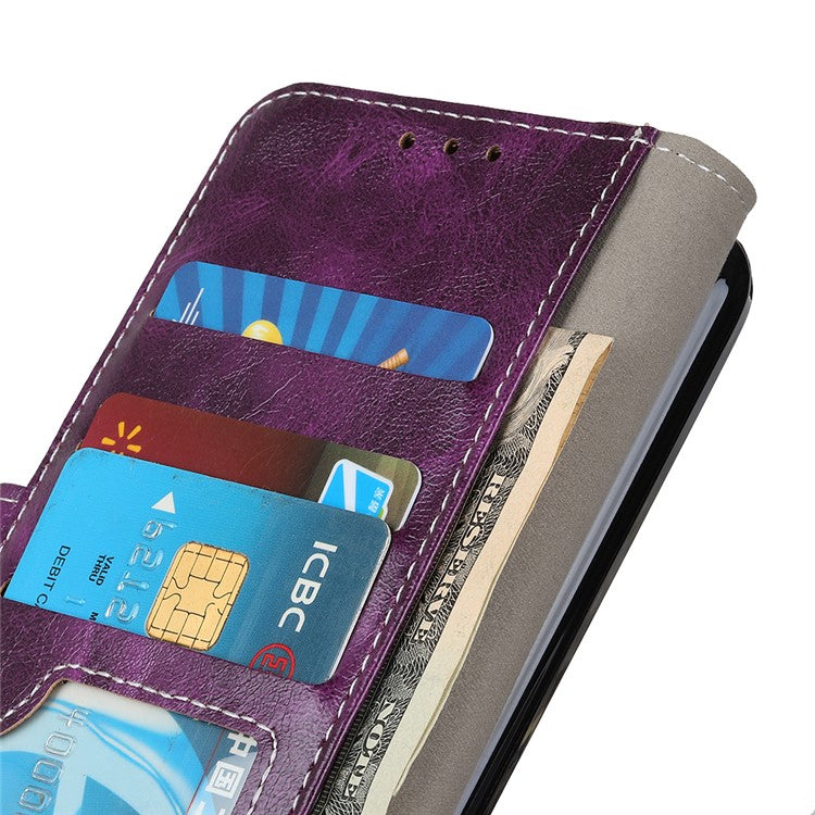 For iPhone 17 Case Wallet Leather Phone Cover Crazy Horse Texture - Purple