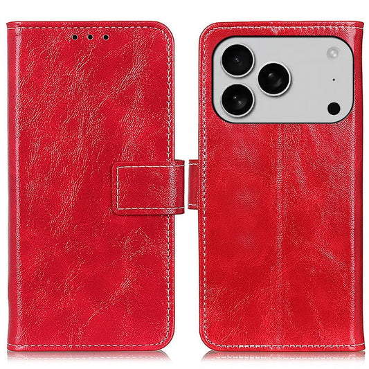 For iPhone 17 Pro Case Wallet Leather Phone Cover Crazy Horse Texture - Red
