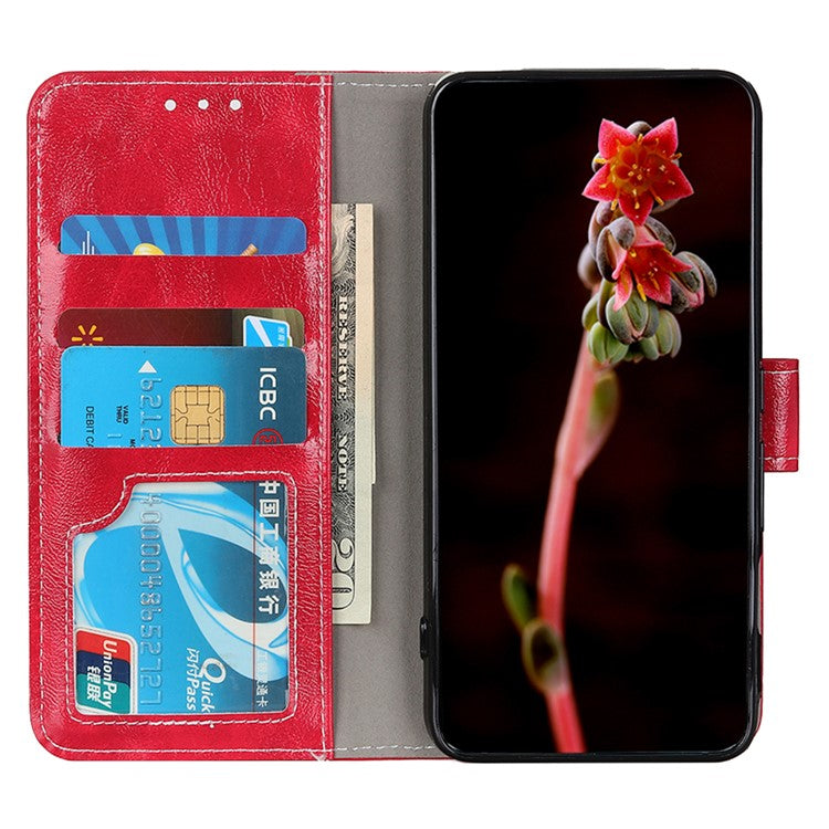 For iPhone 17 Pro Case Wallet Leather Phone Cover Crazy Horse Texture - Red