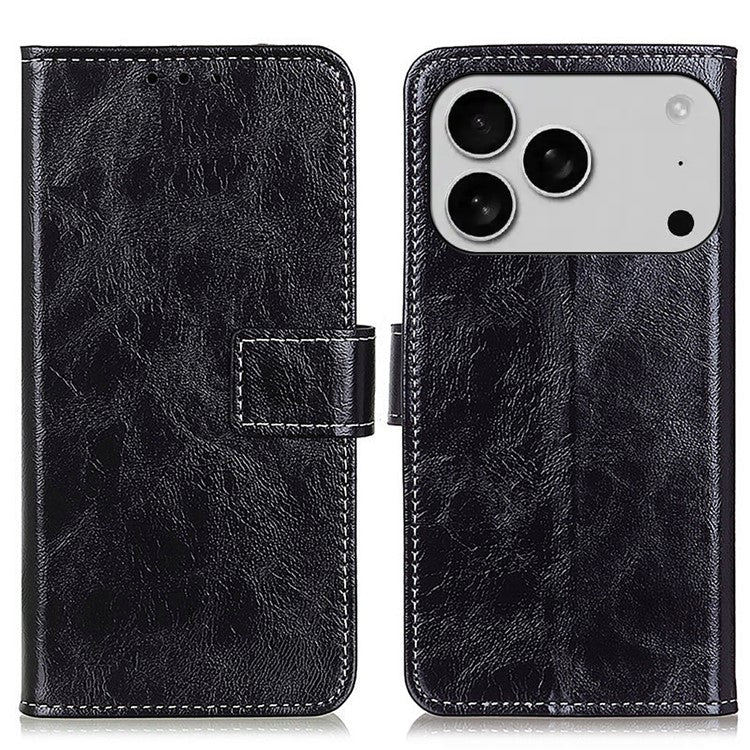 For iPhone 17 Pro Case Wallet Leather Phone Cover Crazy Horse Texture - Black
