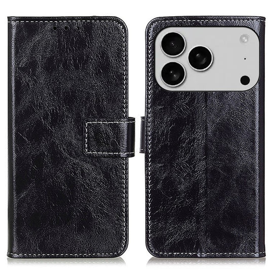 For iPhone 17 Pro Case Wallet Leather Phone Cover Crazy Horse Texture - Black