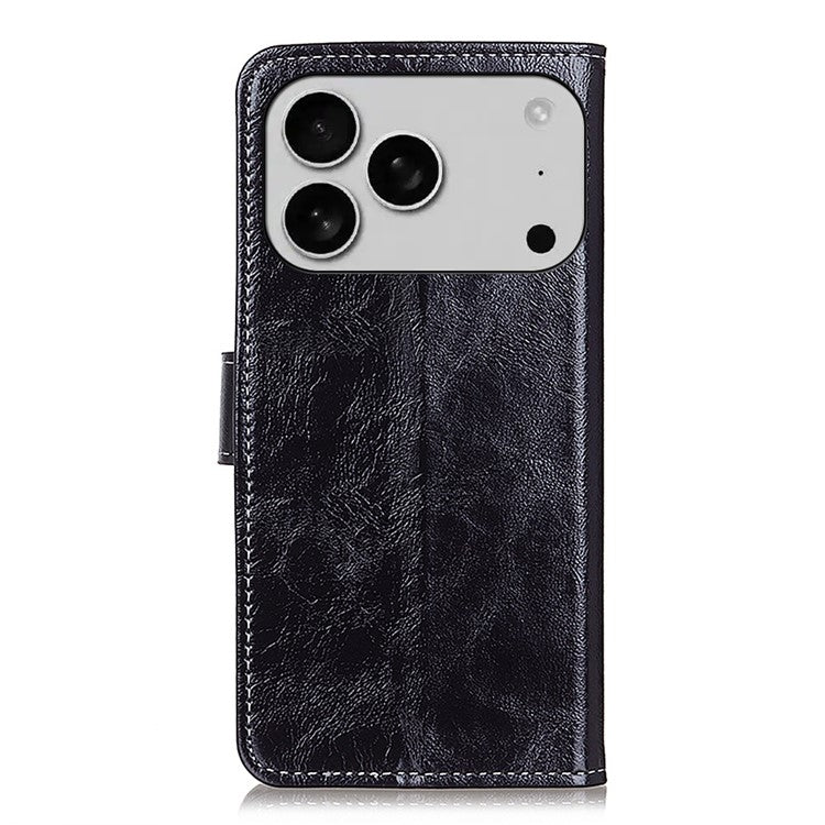 For iPhone 17 Pro Case Wallet Leather Phone Cover Crazy Horse Texture - Black